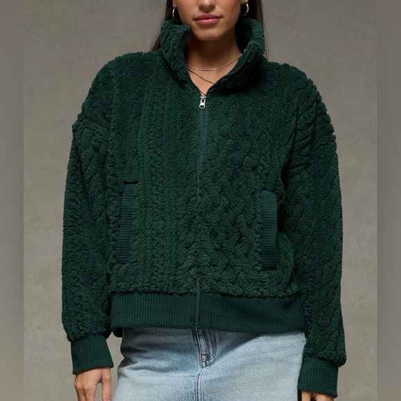 American Eagle Green Sherpa Full Zip Jacket - Picture 2 of 4